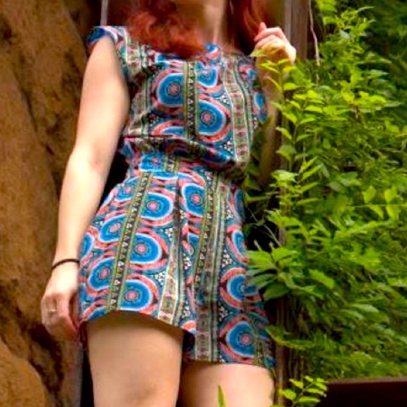 Francescas Collections Blue Orange Green Short Sleeve Romper with Back Cut Out - Picture 1 of 6